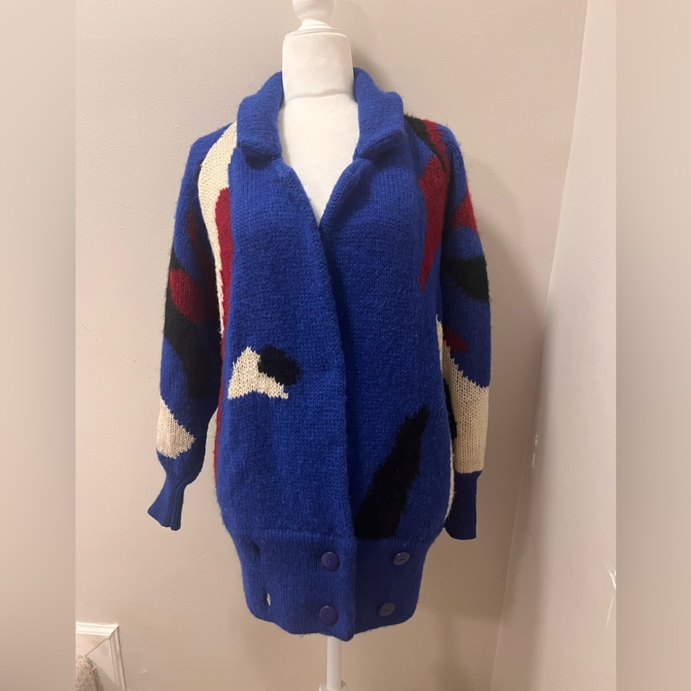 Ladies Blue Knitted Cardigan with White, Black and Red Inserts